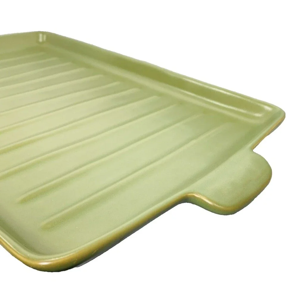 Longaberger Flameware SAGE Grill Pan Pottery Server Cookware 18" x 10" Green - Picture 3 of 14